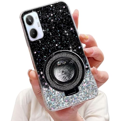 Tivenfezk Nadoli Sparkle Treibsand Ständer Hülle für Oppo Realme 10 4G,Versteckt Ständer Ring Klar Glitzer Stern Handyhülle Durchsichtig Bling Schutzhülle Case Cover,Schwarz