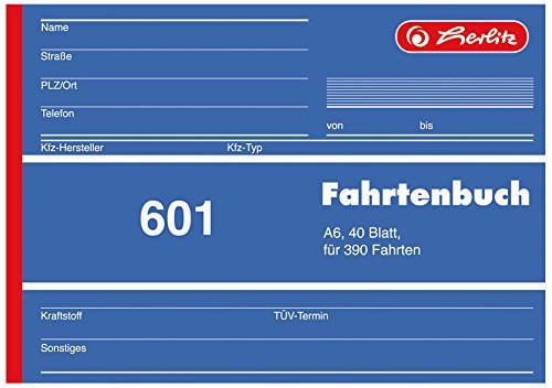 Fahrtenbuch, für PKW, A6 quer, 40 Blatt, für 390 Fahrten, 5er-Pack