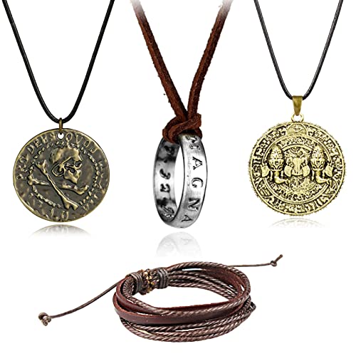 YouU 4 Stück Uncharted Nathan Drake's Ringe Anhänger Halskette messingfarbenen Totenkopf-Gold Münzen-Anhänger Geflochten Leder Armband