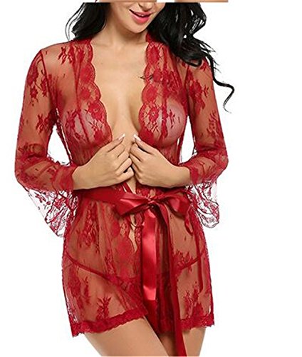 Boowhol Lingerie Damen Bademäntel Kimono Reizwäsche Sexy Transparent Blumen Spitze Neckholder Pyjama Große Größen Unterwäsche Nachtkleid Nachtclub Negligee mit G-String (L, Rot)