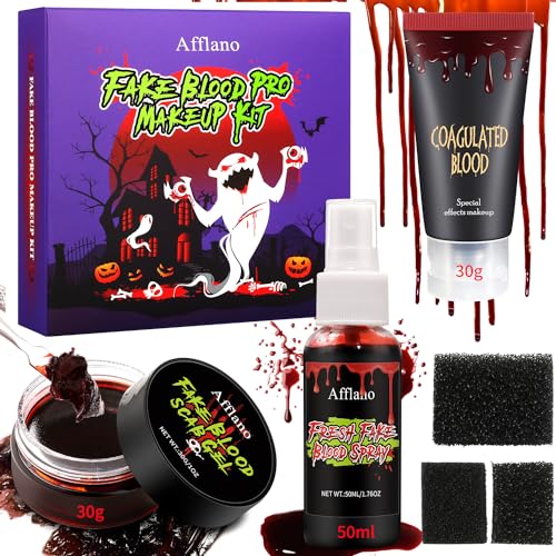 Afflano Kunstblut Halloween Schminke Fake Blood Kit, Kunstblut Spray+ Dunkelrotes Geronnenes Blut+ Frisches Kunstblut, 3* Schwamm, für Zombie Vampir Wunde Narbe Kleidung SFX Makeup Theater Bühne Film