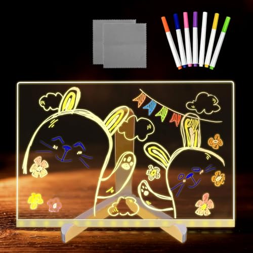 LED Notiztafel mit Farben, Nachrichtentafel mit 7 Farben Stift/Verstellbarem Ständer, 30x20CM LED Note Board, Transparente Acryl Leuchtende Schreibtafel, Abwischbar Beleuchtetes Wordpad, Memo