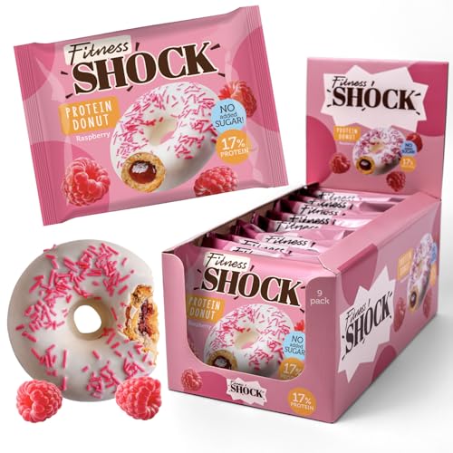 FitnesSHOCK Protein Donut Kekse-Biskuit mit Streuseln, 12g/17% Eiweiß ohne Zuckerzusatz ballaststoffreicher Snack mit Himbeerefüllung Palmölfrei - Himbeere Geschmack 9x70g