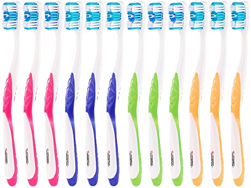 newgen medicals Reisezahnbürste: 12er-Pack Marken-Zahnbürsten mit Zungenreiniger, MEDIUM, 4 Farben (Zahnbürsten Hand, Marken-Handzahnbürsten, Kratzer Entferner)
