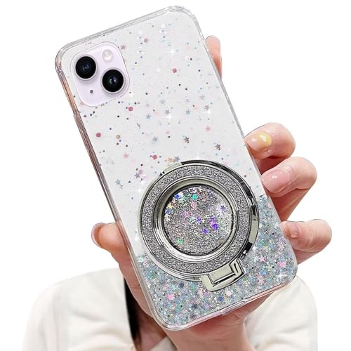 Tivenfezk Nadoli Sparkle Treibsand Ständer Hülle für iPhone 14,Versteckt Ständer Ring Klar Glitzer Stern Handyhülle Durchsichtig Bling Schutzhülle Case Cover,Klar