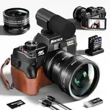 Monitech Kamera für Fotografie und Video, 4K 48MP Vlogging Kamera für YouTube mit 180° Flip Screen, 16X Digitalzoom, 52mm Weitwinkel, Lederhalterung & Riemen, 2 Batterien, 32GB TF Karte(S100-DE-DPT)