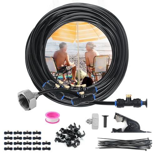 MaxEarn 63 Stk 50Fuß(15m) Sprühnebel Kühlung Bewässerungs System, Outdoor Misting System Nebel-Kühlsystem mit 15M Schlauch und 18 Metalldüsen, Wasserzerstäuber für Terrasse, Garten, Pavillon