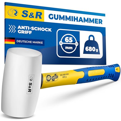 S&R Gummihammer weiß 65 mm, 680 Gr, mit rutschfestem stoßdämpfendem Fiberglasstiel, keine Spuren bei Möbel, Fliesen, Fensterrahmen