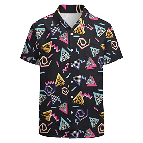 LARSD 80er Jahre Hemden für Herren 90er Jahre Button Up Hemd Vintage Retro Hawaii Strand Hemd Neon Disco Shirt Lustiges Party Hemd, 80er Jahre Geometrisch Schwarz, L