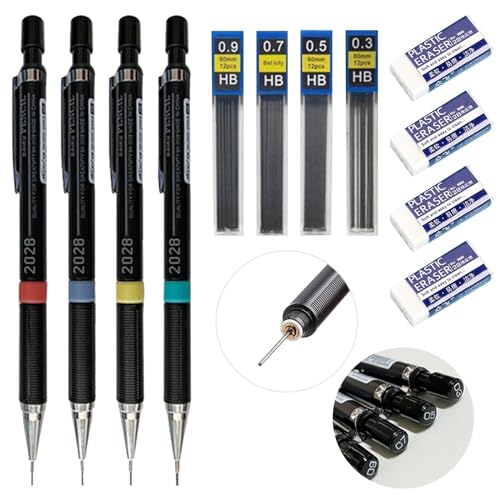 Cozevdnt 4 Stück Druckbleistifte Set, 4 Tuben Bleistiftmine HB Mienenbleistift und 4 Stück Radiergummi, für technische Zeichnungen und Konstruktionszeichnungen, Schreiben und Hausaufgaben
