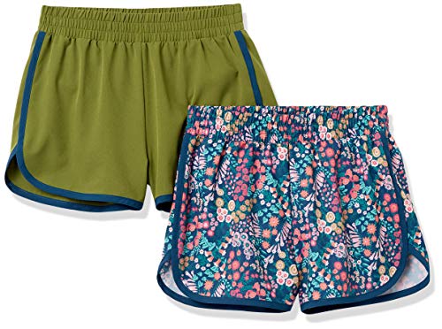 Amazon Essentials Mädchen Active-Laufshorts, 2er-Pack, Olivgrün Floral, 10 Jahre