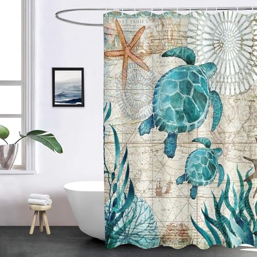 FABTOP Duschvorhänge 180X180 Meer Schildkröte Duschvorhang Meeresschildkröte Blauer Ozean Shower Curtains Wasserdicht Schildkröten Strand Motiv Duschvorhang (6,180 x 200 cm)