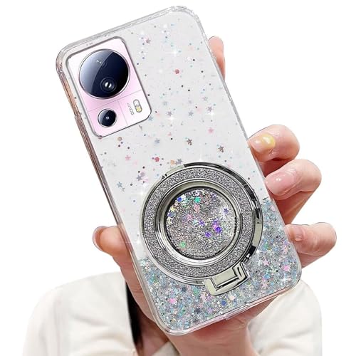 Tivenfezk Nadoli Sparkle Treibsand Ständer Hülle für Xiaomi 13 Lite,Versteckt Ständer Ring Klar Glitzer Stern Handyhülle Durchsichtig Bling Schutzhülle Case Cover,Klar