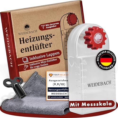 WEIDEBACH® Heizungsentlüftungsschlüssel mit Auffangbehälter (140ml), Heizungsentlüfter inkl. Mikrofasertuch & Mini Entlüftungsschlüssel für enge Zwischenräume, Entlüfter für jede Heizung, breite Form