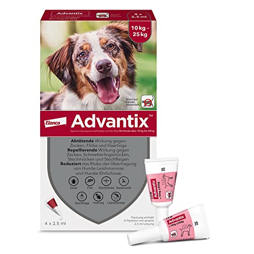 Elanco ADVANTIX Spot-On für mittelgroße Hunde von 10-25 kg gegen Zecken, Sandmücken, Stechmücken, Stechfliegen und Flöhe: Wirkung bis zu 4 Wochen, 4 Pipetten-Packung