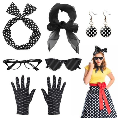 dellyy Rockabilly Accessoires Damen, 6 Stück 50er Jahre Kleider Damen Zubehör mit Polka Dot Stirnband Chiffon Schal Ohrringe Handschuhe Katzenaugen Sonnenbrille, Kleidung Vintage Zubehör