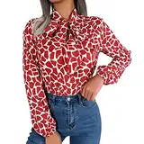 Damen Hemden Lässiges, farblich abgesetztes Chiffon-Hemd mit Schnürärmeln für Damen Frauen Hemdn Shirt Oberteile Chiffonbluse (Red, S)