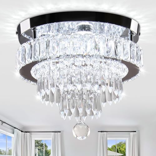 LEONTYNE LED Kristall Kronleuchter, 36W mit 4-Stufen K9 Kristallen, Modern Deckenleuchte Flush Mount für Wohnzimmer, Schlafzimmer, Flur (Ø30cm, 6500K Weißlicht)