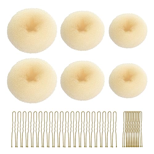 CORTNEY Donut Hair Haardonut Maker Set mit 6 Stück Beige Haardutt, 30 Stück Gold U-Form Haarspange Haarnadel, Dutt Hilfe Hochsteckfrisuren Zubehör, für Kinder Mädchen Frauen