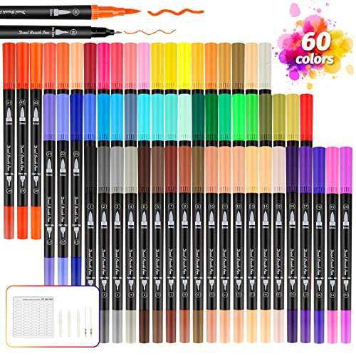 Peakness Dual Brush Pen Set, Filzstifte Set 60 Farben Aquarellstifte mit Zwei Spitzen für Bullet Journal, Handlettering, Malbücher, Kalligraphie Manga Tinte auf Wasserbasis Doppelfasermaler Stifte