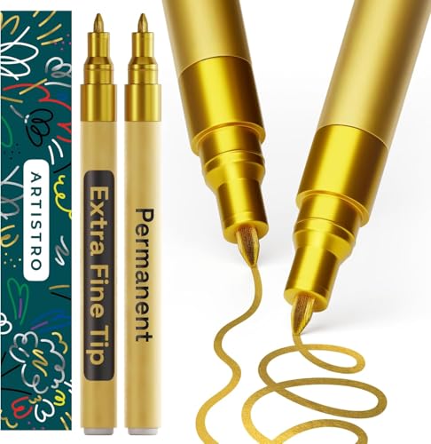 Artistro Permanent Marker Gold - 2 Stück Acrylstifte Gold - Wasserfest Filzstift mit 0,7 mm Spitze, Schnell Trocknender Glanzlackmarker für Textil, Keramik, Glas, Holz, Metall, Karton