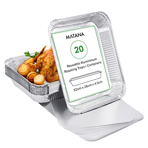 MATANA 20 Große Aluschalen mit Deckel, Alu Backform, Alufolien-Lasagneform, Einweg Auflaufform Abtropfschale - Kochen, Backen, Grillen - 2350ml / 32x26cm - Stabil & Praktisch