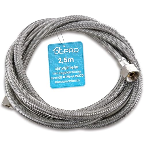 DL-pro 2,5m Panzerschlauch Flexschlauch 3/8"x3/8" IG/IG mit Kegeldichtung Gemäß KTW-A W270 Brauseschlauch mit Edelstahlgeflecht für Armatur Wasserhahn