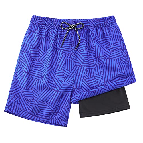 Dancinova Badeshorts Jungen Badehose Kinder Kompression Liner Schwimmhose Schnelltrocknend mit Boxershorts Liner 3D Druck Blauer See, 14-16 Jahre