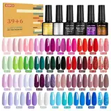 LEVIPE UV Nagellack Set, 45 Stück Gel Nagellack mit Unterlack,Glänzender & Matte Überlack, Diamant & FluoreszenzÜberlack，Gellack Shellac Nagellack UV Gel Set für Nagel Design