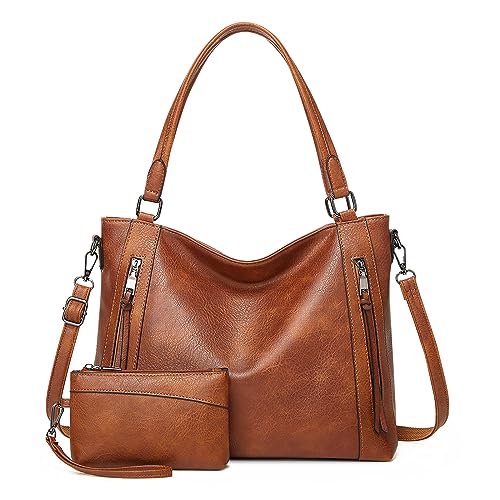 VINBAGGE Damen Handtasche Leder Henkeltasche Top Griff Tasche Vintage Weiches Umhängetasche Schultertasche Mit Geldbörse Hobo Damen Taschen für Frauen - Set 2pcs Braun