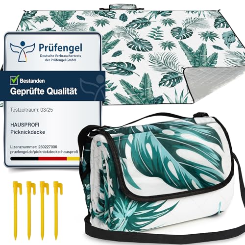 HAUSPROFI Picknickdecke 200x300, wasserdicht & isoliert - XXL Outdoor Decke für Picknick, Strand, Camping. Kompakt, leicht zu tragen, mit Baumwolle gepolstert, Inkl. Tragegriff & Heringe, Waschbar