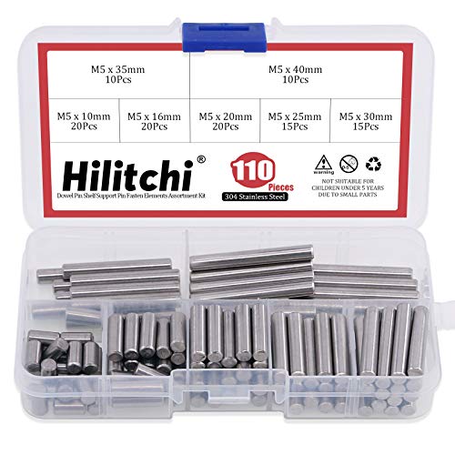 Hilitchi 110 Stück Dübelstifte, Edelstahl, Regalstützstifte, Befestigungselemente, Sortimentskit, Größe: 5 mm x 10 mm, 16 mm, 20 mm, 25 mm, 30 mm, 35 mm, 40 mm