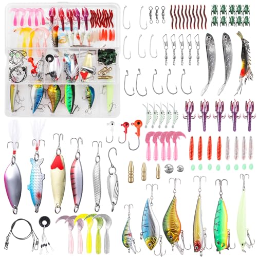 TUXIBIN 101 PCS Angeln Köder gemischt einschließlich Spinner, VIB, Höhenhaken, Einzelhaken, Drehgelenke, Führer, etc. für Süßwasser-Salzwasser-Fischen, mit Aufbewahrungsbox 02G