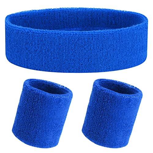 Yolev 3 Stück Schweißband Set Sport Stirnband Armband Set Herren und Damen Schweißband Zubehor (Blau)