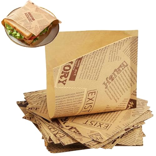 HSYTEK 50 Stück Deli Papierblätter alte Zeitungsdrucke, Butterbrotpapier 15 cm * 15 cm für Sandwiches, Burger, Pommes Frites,Quadratische Verpackungen, Fettdichte Lebensmittelbeutel