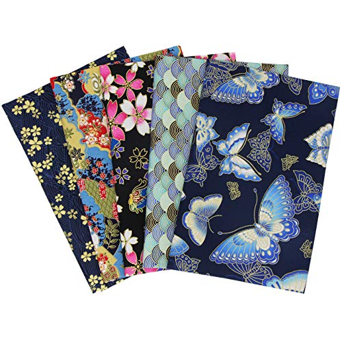 aufodara 5er Baumwollstoff Meterware 50x50 cm Japanische Stil gedruckt Blumen Gold Muster Bronzing Stoffpaket Patchwork Baumwolle Stoffe zum Nähen Quilten DIY Artcraft Handarbeit (Marineblau)