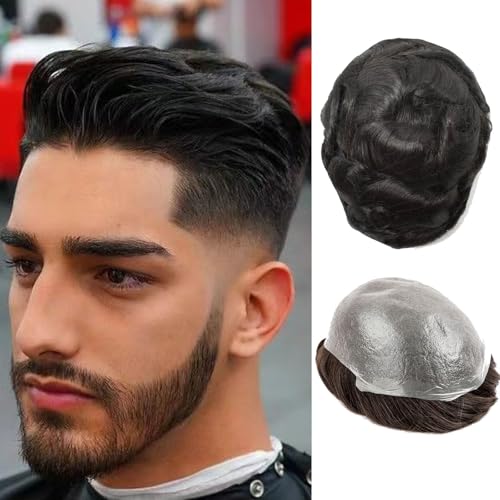 Herren Toupet Haar System für Männer 0,02-0,03mm Ultra-Dünne Haut 100% echtes Echthaar Toupet für Männer Licht mittlere Dichte Haarteil Basisgröße 8x10 Zoll (1B#)