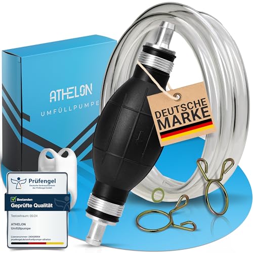 ATHELON® Handpumpe für Benzin, Diesel, Wasser & Öl - XL Umfüllpumpe inkl. Flüssigkeitsregler und 2m Schlauch - Verbesserte Schlauchpumpe [2024] - Zuverlässig & Auslaufsicher