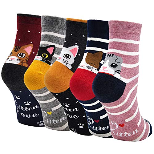 ZFSOCK Kindersocken Socken Mädchen 31-34: Bunte Kinder Sneaker Socken aus Baumwolle Lustige Motiv Karikatur Tier Katze Weihnachten Geschenkideen 5 Paare