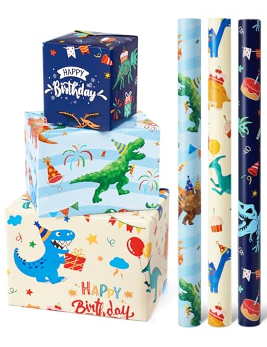 WERNNSAI Dinosaurier Geschenkpapier Rollen - 3 Rollen 43 cm x 305 cm Kinder Alles Gute zum Geburtstag Geschenkpapier mit Schnittlinie auf Rückseite Dino Them Party Gastgeschenk