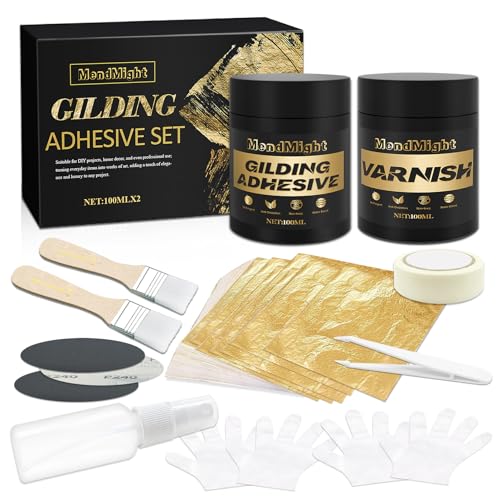 Blattgold Vergoldungs Kleber Set, 100 ml wasserbasierter Blattgold Kleber und 100 ml Schutzlack auf Wasserbasis, Blattgold 100 Stückfür Blattgoldkunst, DIY zum Basteln und Malerei