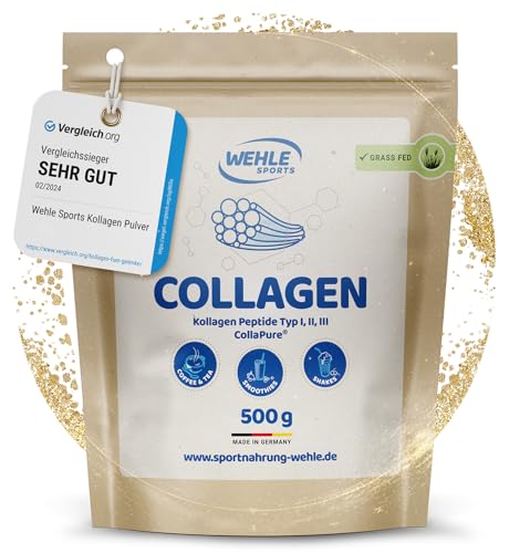 Collagen Pulver - Bioaktives Kollagen Hydrolysat Peptide, Eiweiß-Pulver Geschmacksneutral, Wehle Sports Made in Germany Kollagen Typ 1, 2 & 3 Lift Drink (500g (1er Pack))