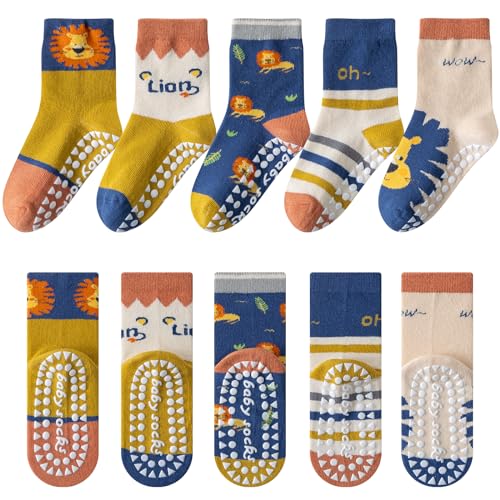 Kyopp 5 Paar Stoppersocken Kinder Baumwolle Socken Jungen Mädchen ABS Anti Rutsch Socken Tiermotive 25-37EU（Löwenjunge L）