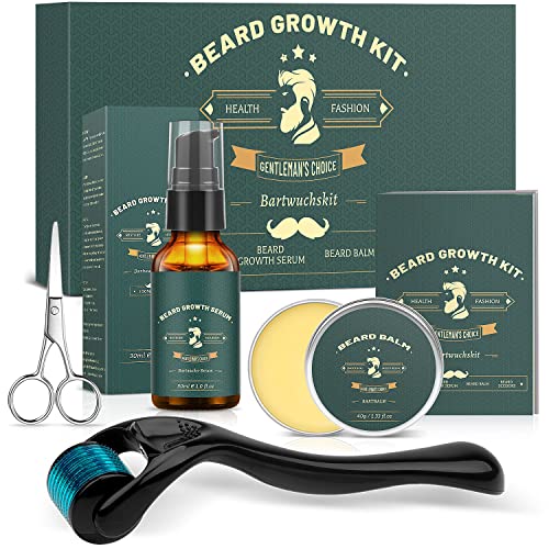 KHOLEZ Beard Growth Kit für Vatertag Christmas Geschenke, Bart Wachstum Set- Bartwuchsmittel Männer mit Bartroller 0,25mm, Bartbalsam, Bartschere, Bartwuchs Bartöl, Bartwachstum Bartpflege kit