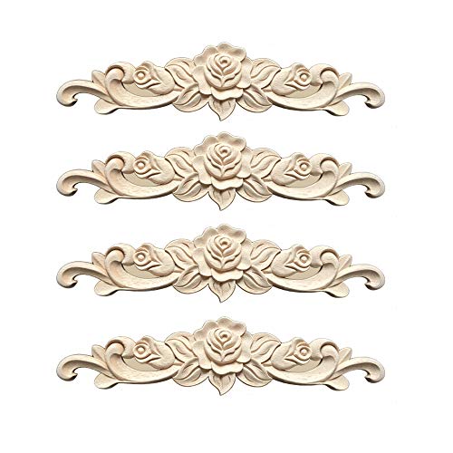 Zasiene Holzornamente 4 Stücke Holzornamente für Möbel Holzschnitzerei Applique Ornament Holz Möbel Wanddeko Holz,30 * 7cm