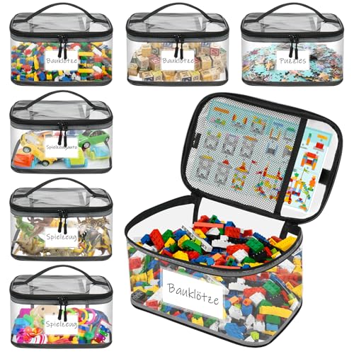 YHANEC 6 Stück Spielzeug Aufbewahrung mit Anleitung Beutel und Namensetikett, wasserdicht klar PVC aufbewahrung Spielzeug mit Reißverschluss für Lego Aufbewahrung, Puzzles und Blöcke, 30x20x14cm (L)