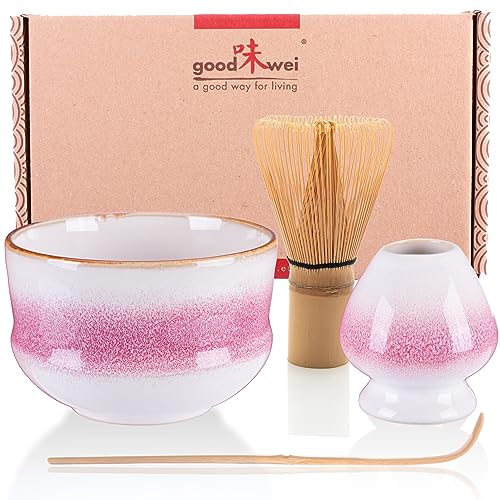 Goodwei Matcha Set komplett mit Matchabesen, Matcha Löffel und Matcha Schale aus Keramik mit Besenhalter im passenden Design | Kunstvoll gefertigte Teeschale Chawan (Kiku, 80)