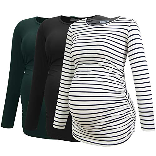 Smallshow Women's Umstandsmode Lange ärmel Umstandsshirt Maternity Tops 3er Pack,Black-Deep Green-White Stripe,2XL