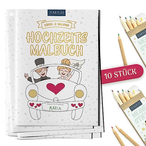 AMARI ® Hochzeitsmalbuch 10er Set inkl. Buntstifte - Gastgeschenk für jede Hochzeit - Kinder Malbuch Set als Beschäftigung, Gäste Notfallkörbchen - Gastgeschenke für Unterhaltung