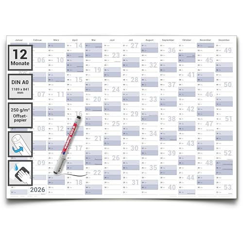Gigatime Abwischbarer XXL Jahresplaner Wandkalender 2026. Wandplaner gerollt 118,8x84cm gross DIN A0 inklusive 1 Marker. Jahreskalender 2026, Kalender - deutsche Sprache - von Gigatime